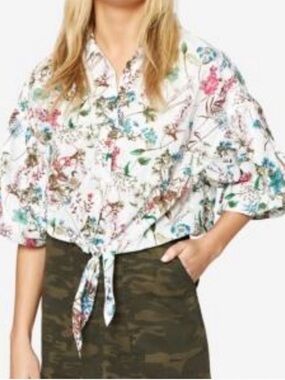 Sanctuary Clover tie Floral Tie-Front Button-Up Blouse - White Multi size Small